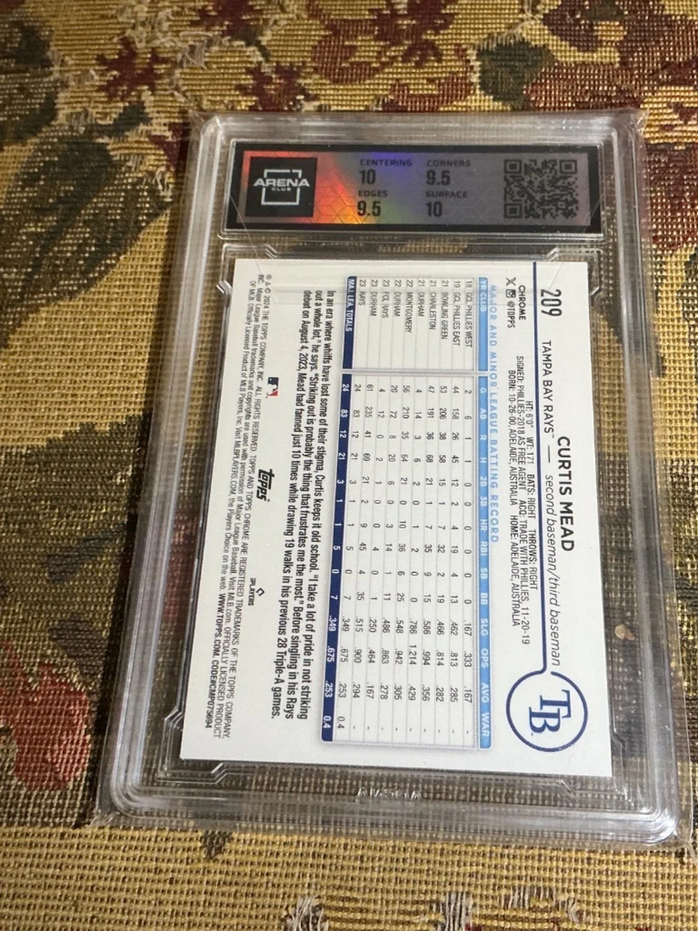 CURTIS MEAD 2024 Topps Chrome MLB Pink Refractor Rookie Card 209 Graded Arena 10